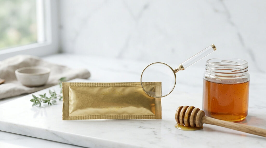 A golden packet, honey jar, magnifying glass, and wooden honey dipper on a marble countertop.