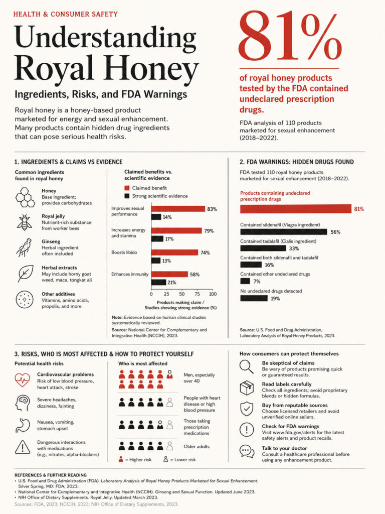 Infographic detailing royal honey ingredients, FDA warnings, and health risks with statistics and visuals.