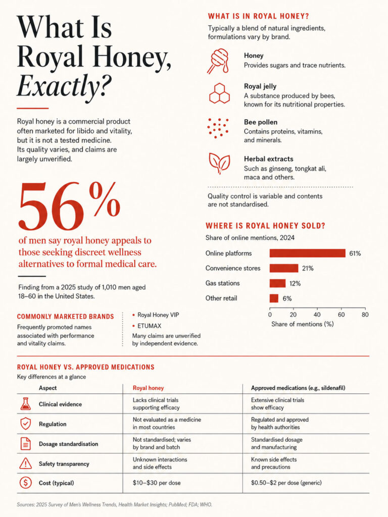 Infographic explaining royal honey, its ingredients, popularity, and comparison with medications.