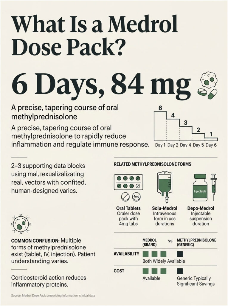 Infographic explaining Medrol Dose Pack, showing dosage schedule, related forms, and cost comparison.