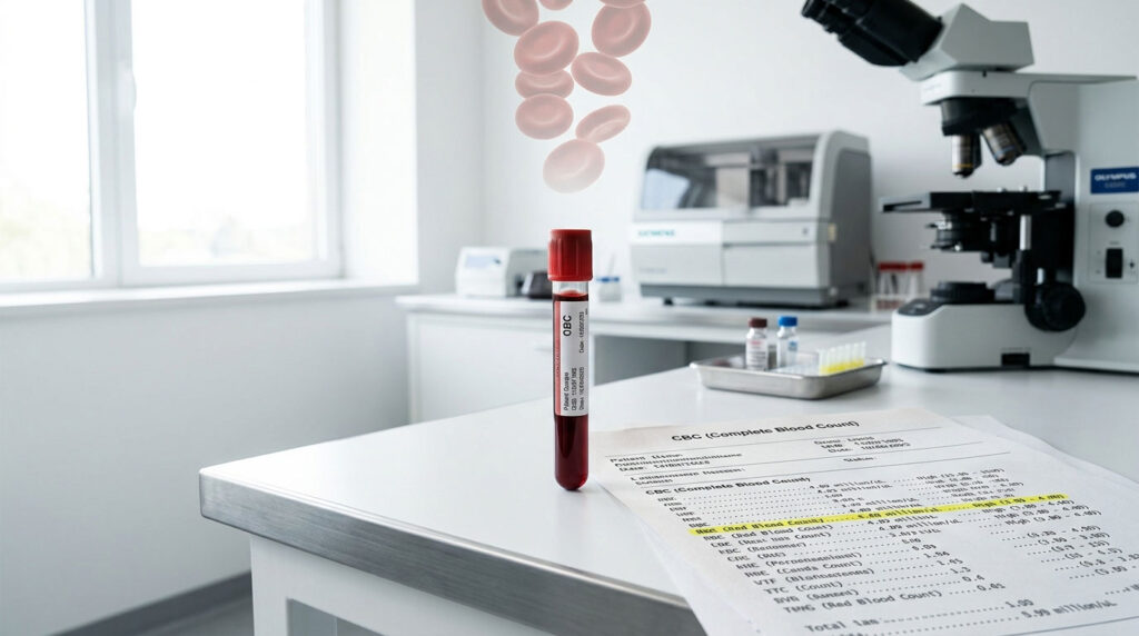 A blood sample tube labeled "OBC" with a CBC report showing blood test results in a lab setting. Infographic.