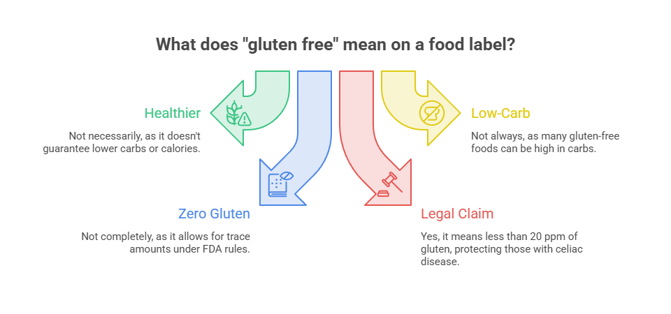 Infographic explaining "gluten free" on food labels with key points on health, gluten content, and legal claims.