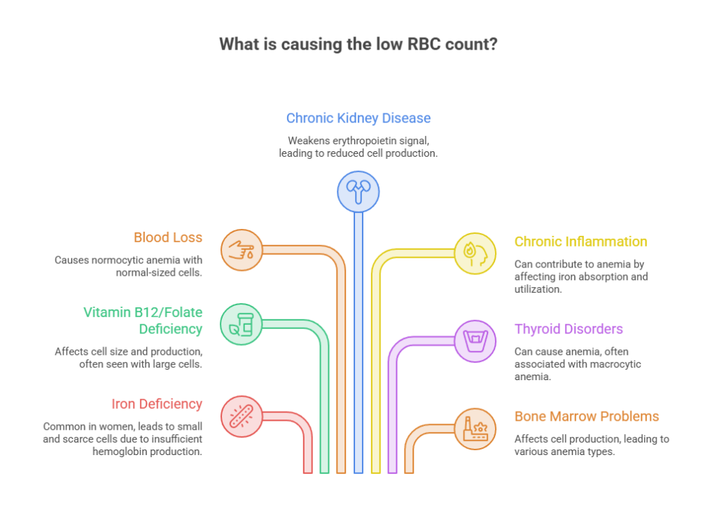Infographic showing causes of low RBC count, including chronic kidney disease, blood loss, and iron deficiency.