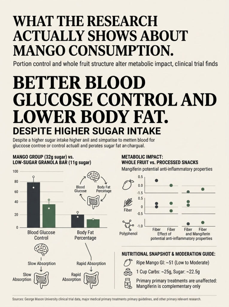 Infographic showing research on mango consumption, highlighting blood glucose control and body fat percentage comparisons.