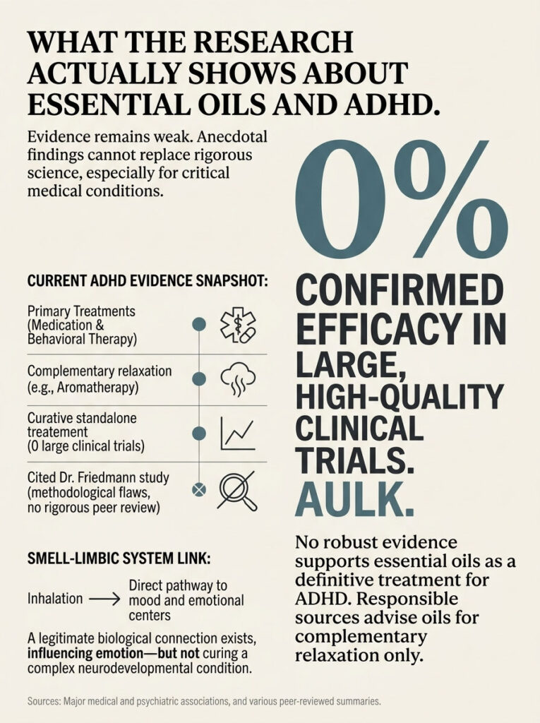 Infographic showing research on essential oils and ADHD, highlighting 0% efficacy in clinical trials and treatment options.