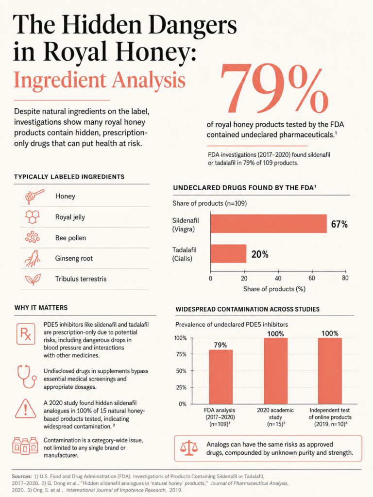 Infographic analyzing royal honey dangers, showing 79% contain undeclared drugs like sildenafil and tadalafil.