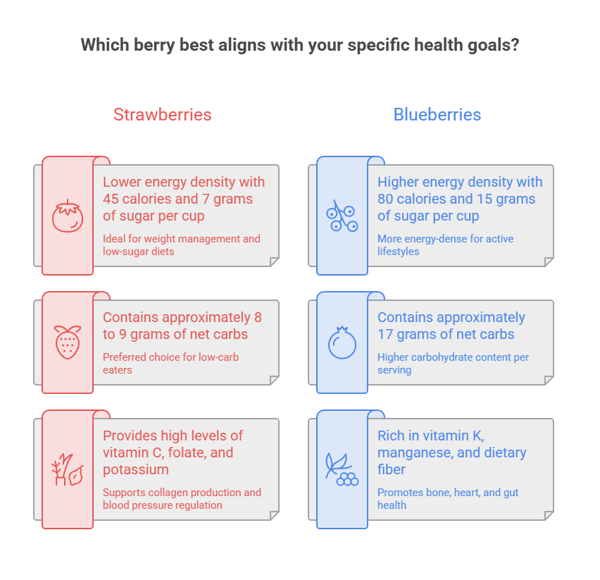 Infographic comparing strawberries and blueberries based on health benefits, calories, and nutrients.