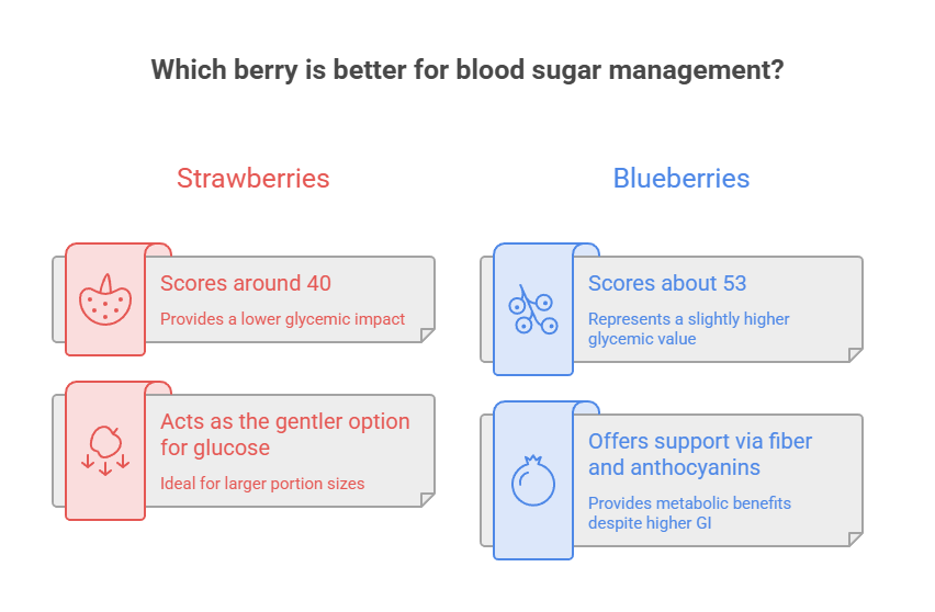 Comparison of strawberries and blueberries for blood sugar management, showing scores and benefits. Infographic.