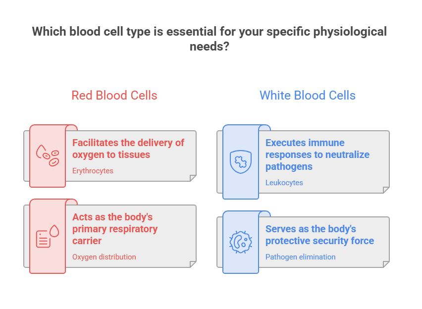 Comparison of red and white blood cells, detailing their functions and roles in the body. Infographic.