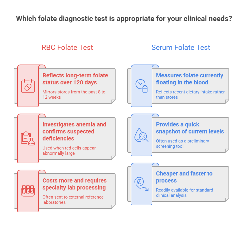 Comparison of RBC and Serum Folate Tests with key features and benefits listed for each test type. Infographic.
