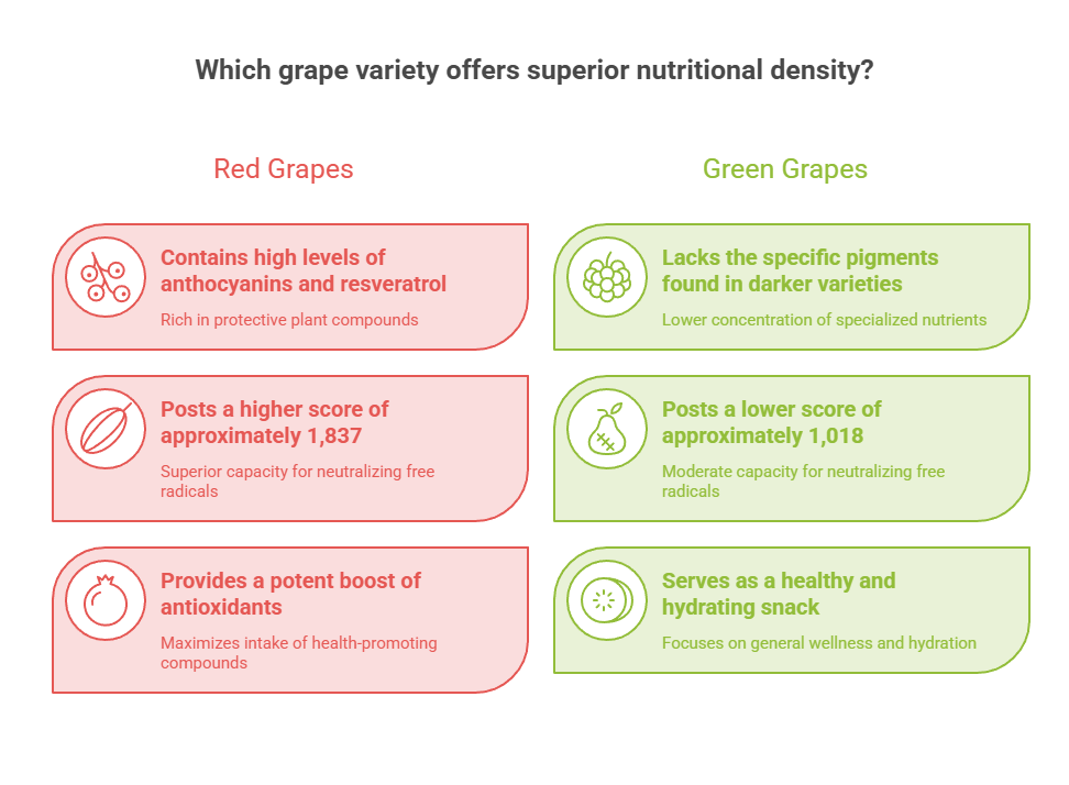Comparison of red and green grapes highlighting nutritional benefits and scores in an infographic format.