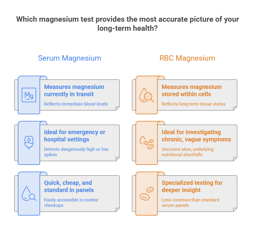 Comparison of Serum Magnesium and RBC Magnesium tests with key benefits and measurements for health insights. Infographic.
