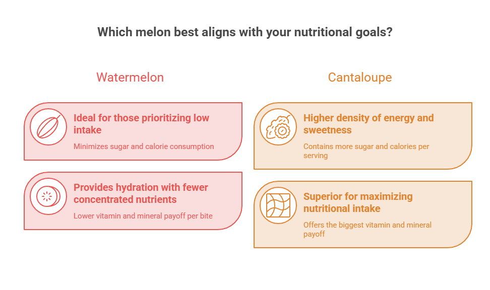 Comparison of watermelon and cantaloupe nutritional benefits with text and icons highlighting key points. Infographic.