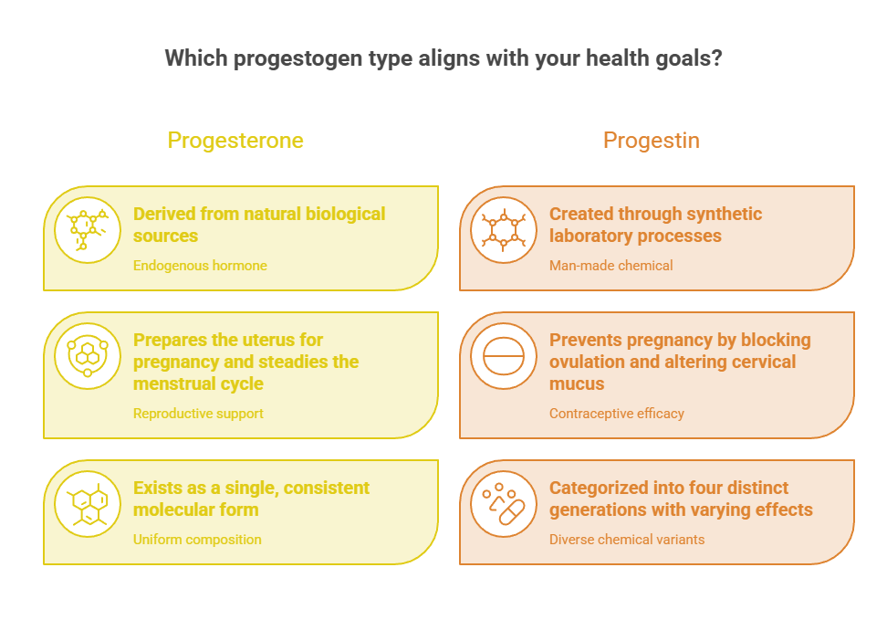 Infographic comparing progesterone and progestin with descriptions of their sources, functions, and characteristics.