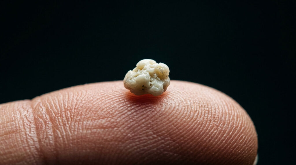 A close-up of a small, irregular white stone resting on a fingertip against a dark background.