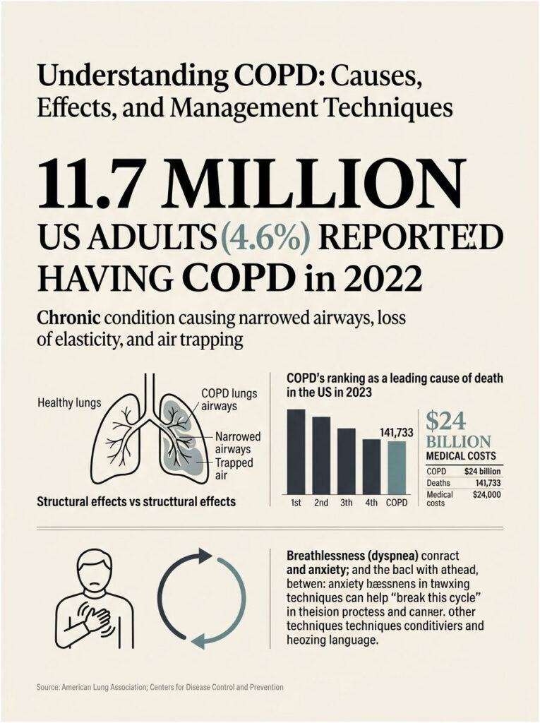 Infographic showing COPD statistics, causes, effects, and management techniques with lung illustrations and data points.