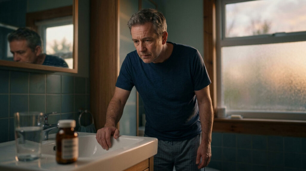 A man in a blue shirt leans over a bathroom sink, looking contemplative, with a glass of water and a pill bottle nearby.