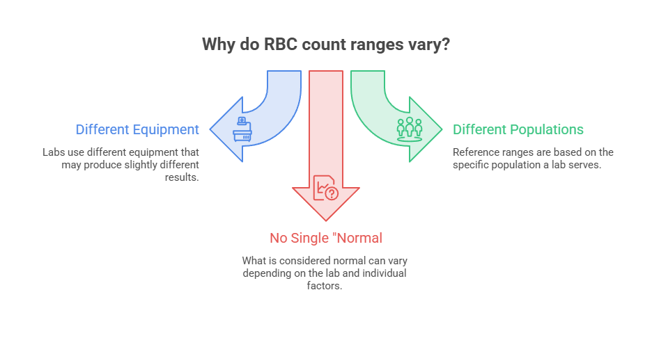 Infographic explaining why RBC count ranges vary with sections on equipment, populations, and normal ranges.