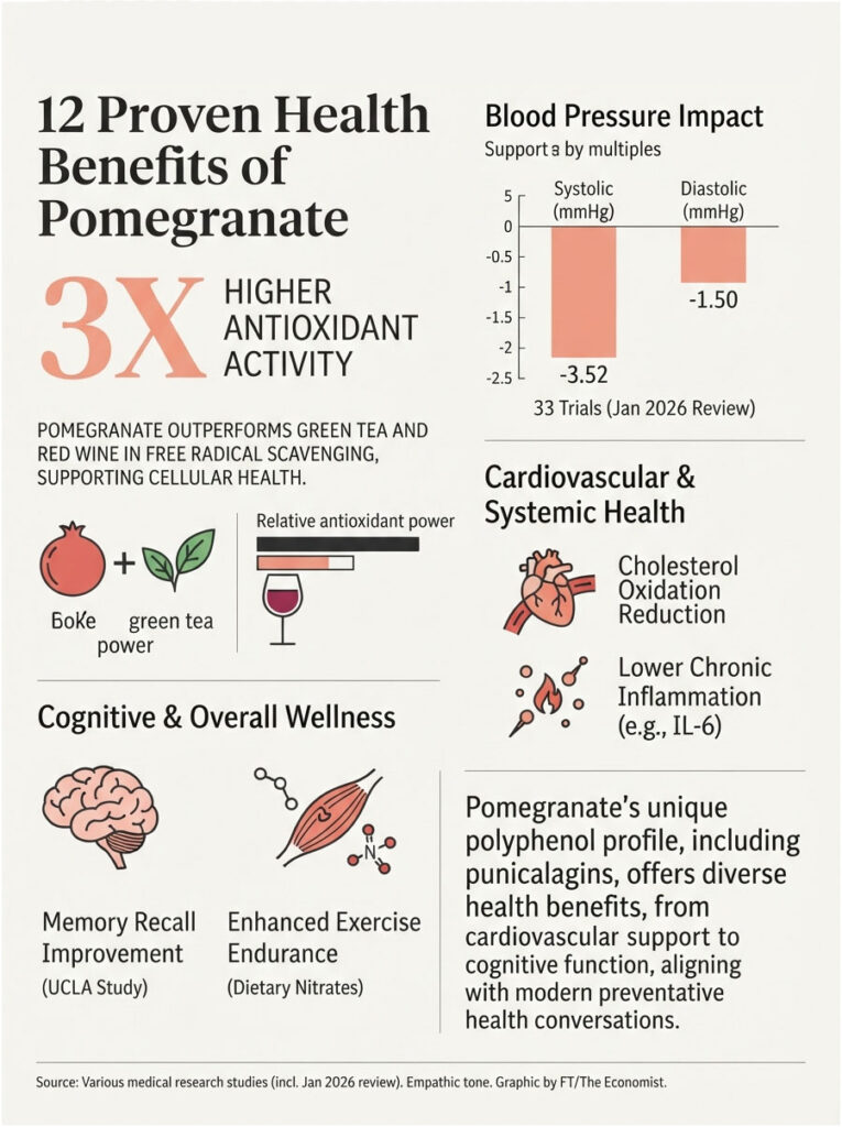 Infographic showing 12 health benefits of pomegranate, including antioxidant activity and blood pressure impact data.