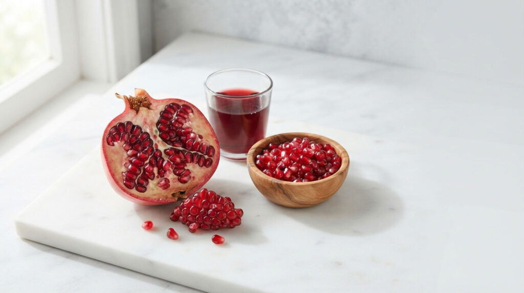 A halved pomegranate displays bright red seeds next to a bowl of seeds and a glass of juice on a marble surface.