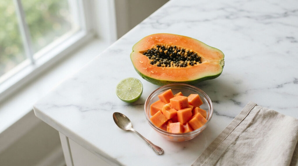 A halved papaya with seeds, lime, and cubed papaya in a bowl on a marble countertop.