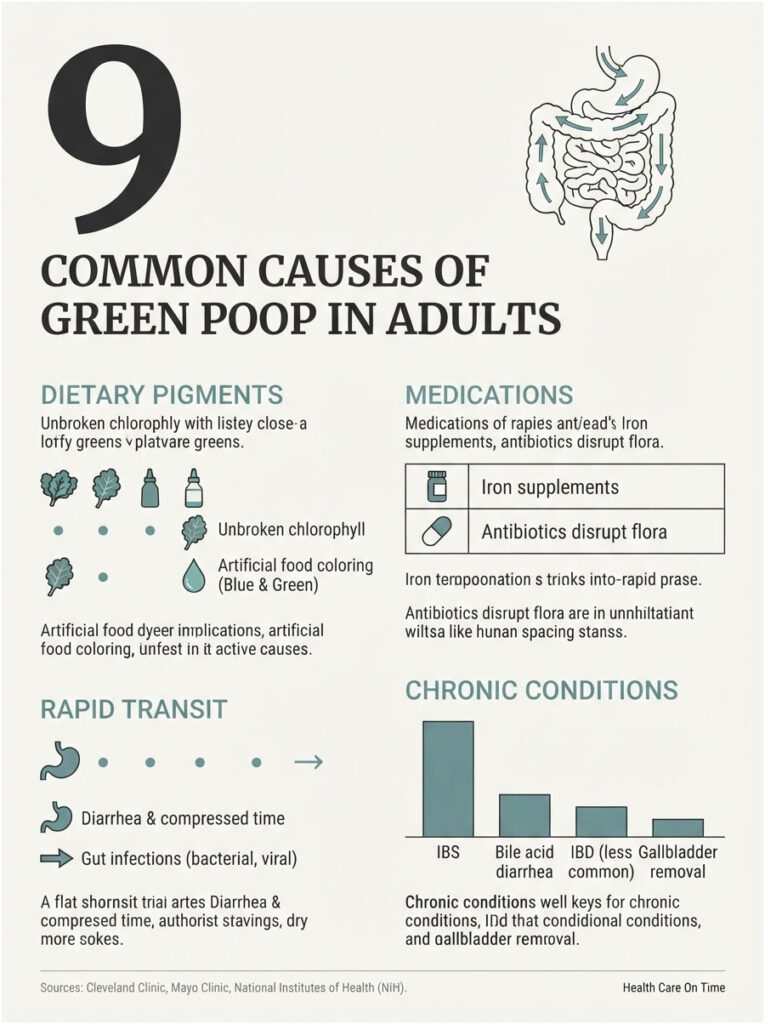 Infographic showing 9 common causes of green poop in adults, including dietary pigments, medications, and chronic conditions.