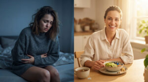 A woman in a gray sweater sits on a bed, looking distressed, while another woman smiles with a bowl of fruit at a table.