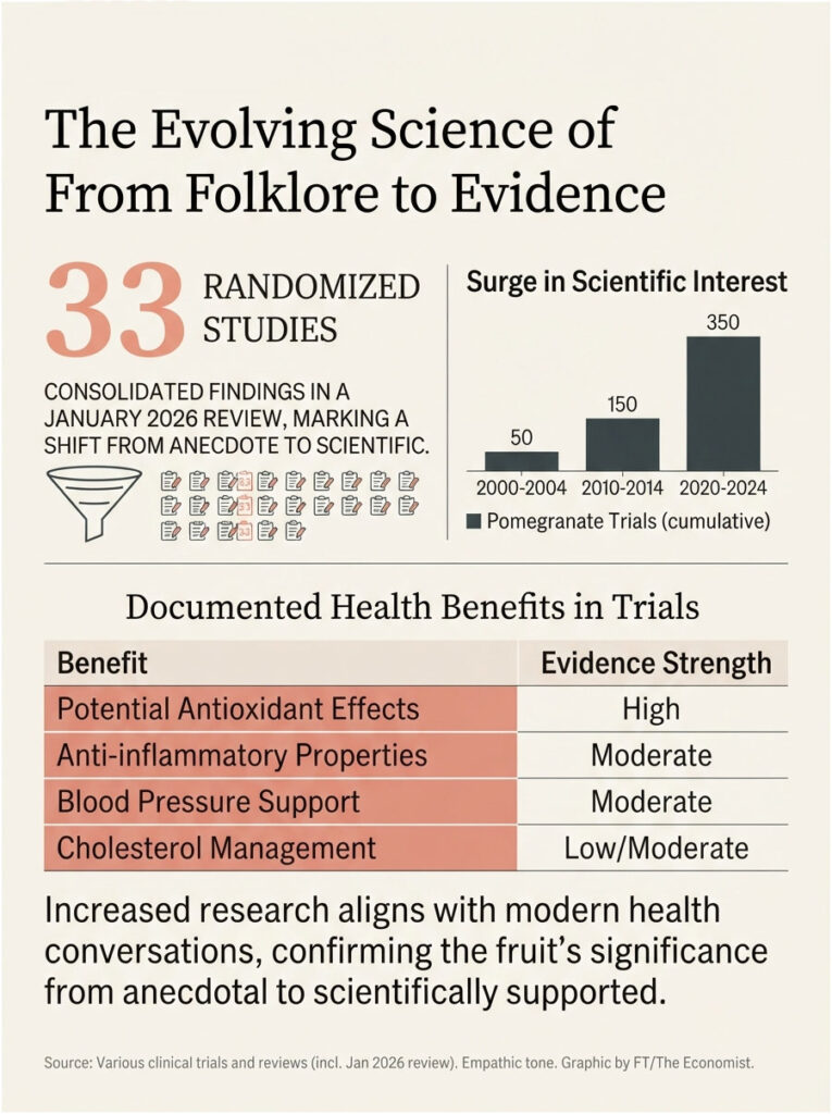 Infographic showing health benefits of pomegranates with charts and evidence strength ratings for various studies.