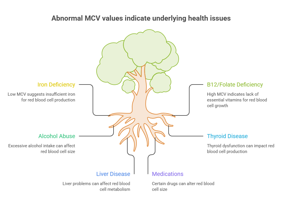 Infographic showing causes of abnormal MCV values with a tree diagram and health issue labels.