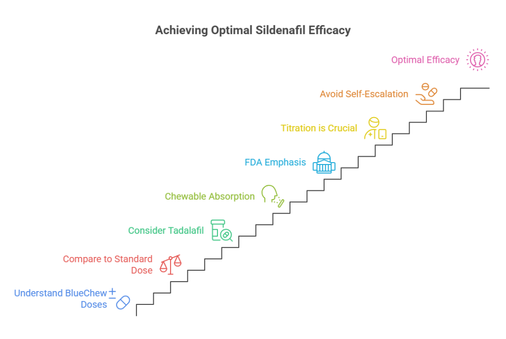 Infographic showing steps to achieve optimal sildenafil efficacy with icons and text labels for each step.