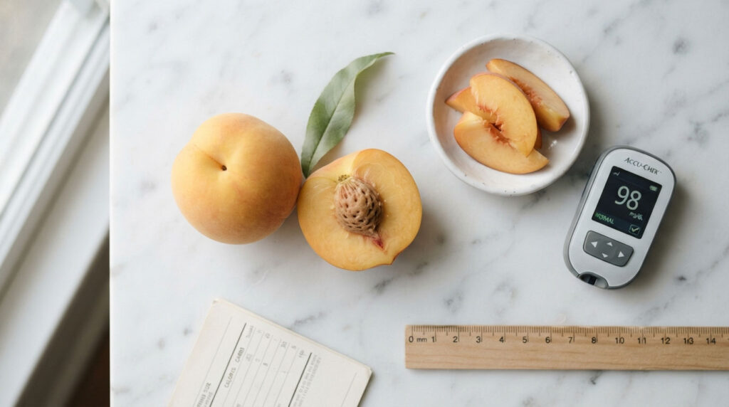 A whole peach and a sliced peach with a glucose meter on a marble surface.