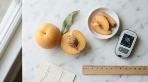 A whole peach and a sliced peach with a glucose meter on a marble surface.