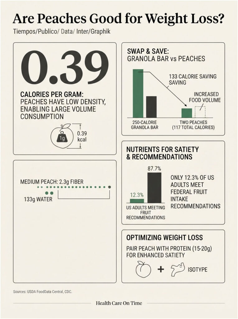 Infographic showing benefits of peaches for weight loss, including calories, fiber, and comparison with granola bars.