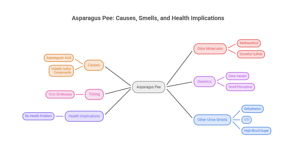 Mind map showing causes and health implications of asparagus pee, including odor molecules and genetics. Infographic.