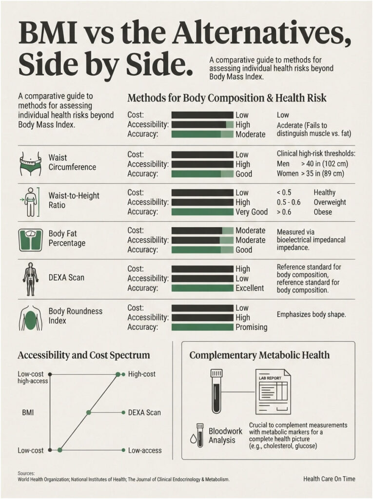 Infographic comparing body composition methods: BMI, Waist Circumference, DEXA Scan, and more with cost, accessibility, accuracy data.