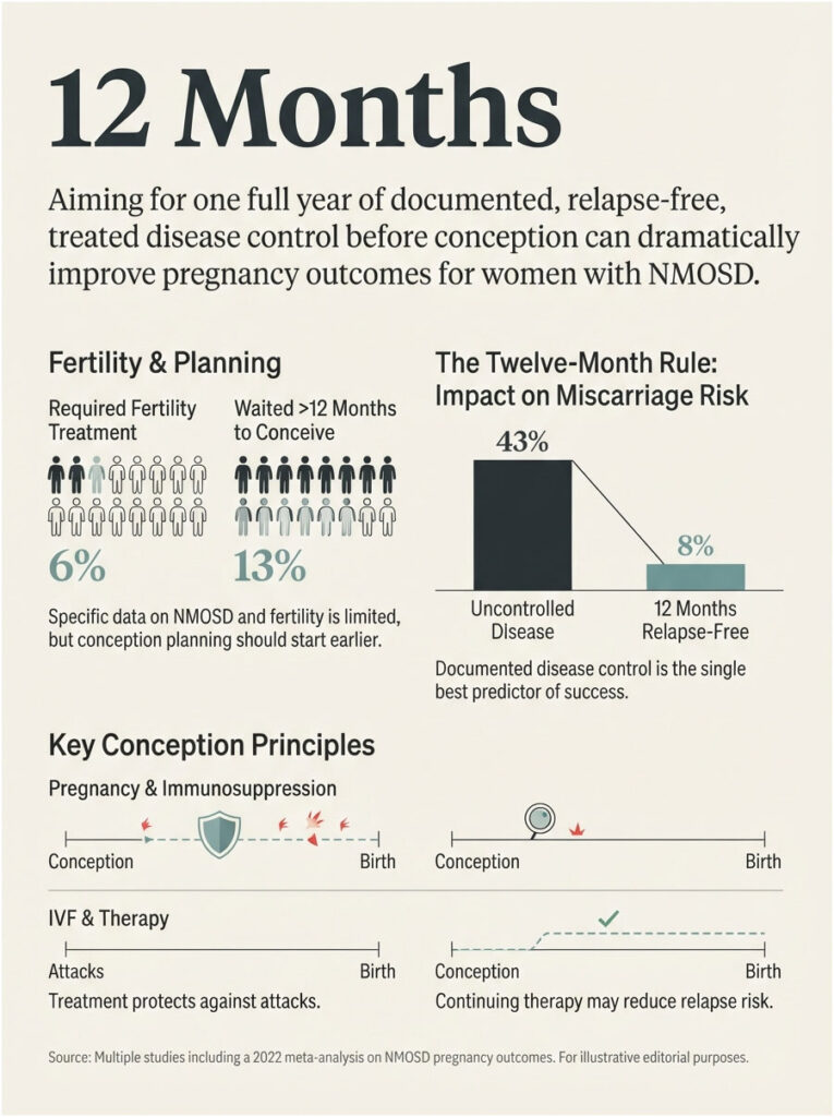 Infographic showing fertility planning and miscarriage risk for women with NMOSD, including statistics and key principles.