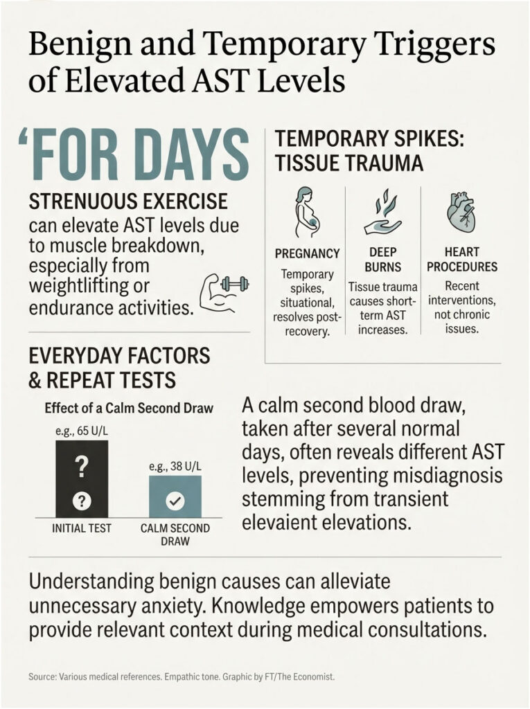 Infographic showing triggers of elevated AST levels, including exercise, pregnancy, and heart procedures with data points.