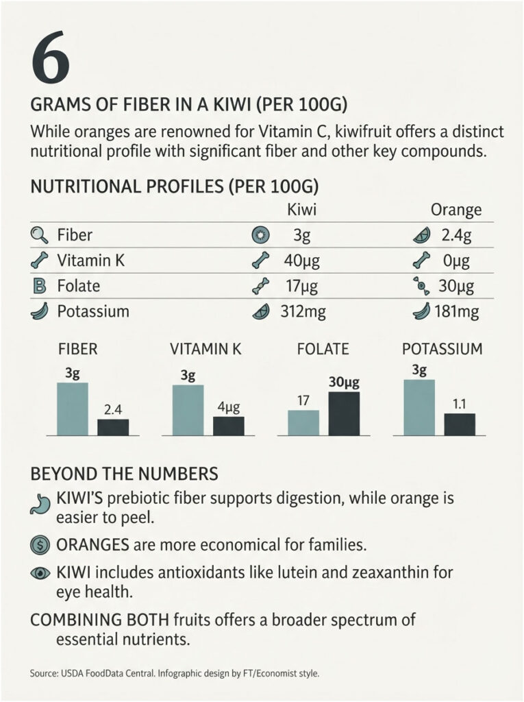 Infographic comparing nutritional profiles of kiwi and orange, showing fiber, vitamin K, folate, and potassium content.