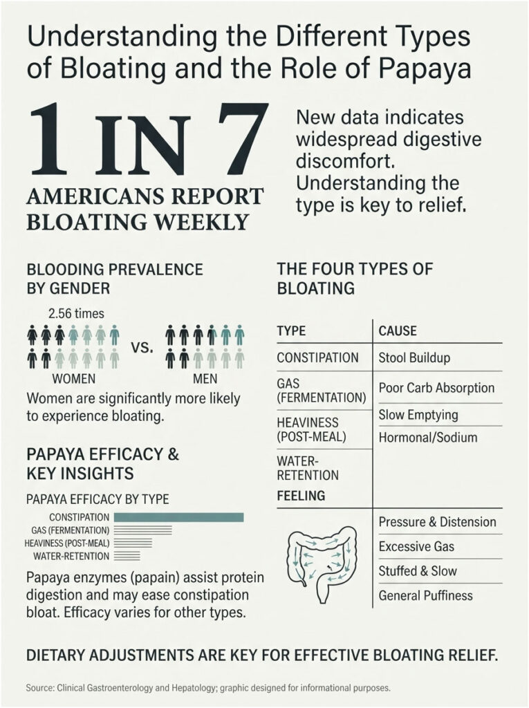 Infographic showing bloating statistics, types, causes, and papaya efficacy in digestion relief.