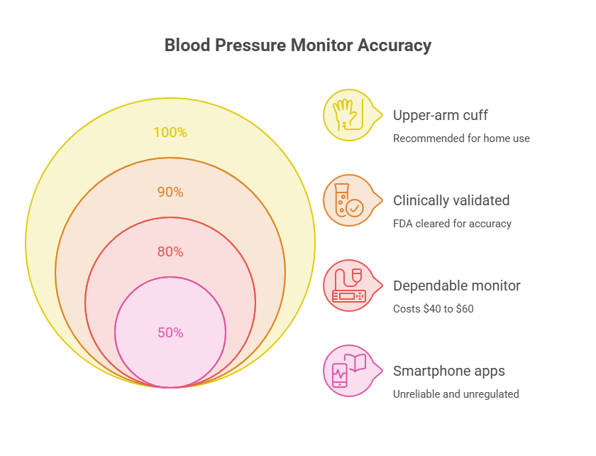 Infographic showing blood pressure monitor accuracy with percentage circles and icons for devices and recommendations.