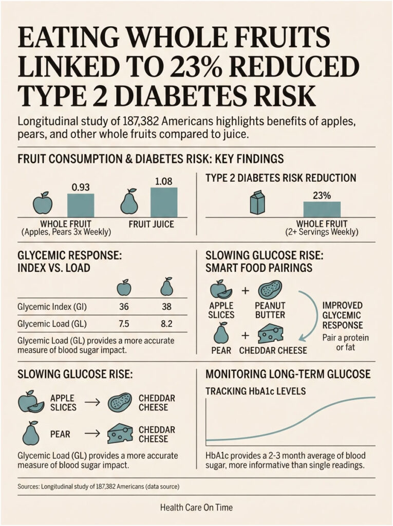 Infographic showing reduced type 2 diabetes risk from whole fruits versus juice, with charts and food pairings.
