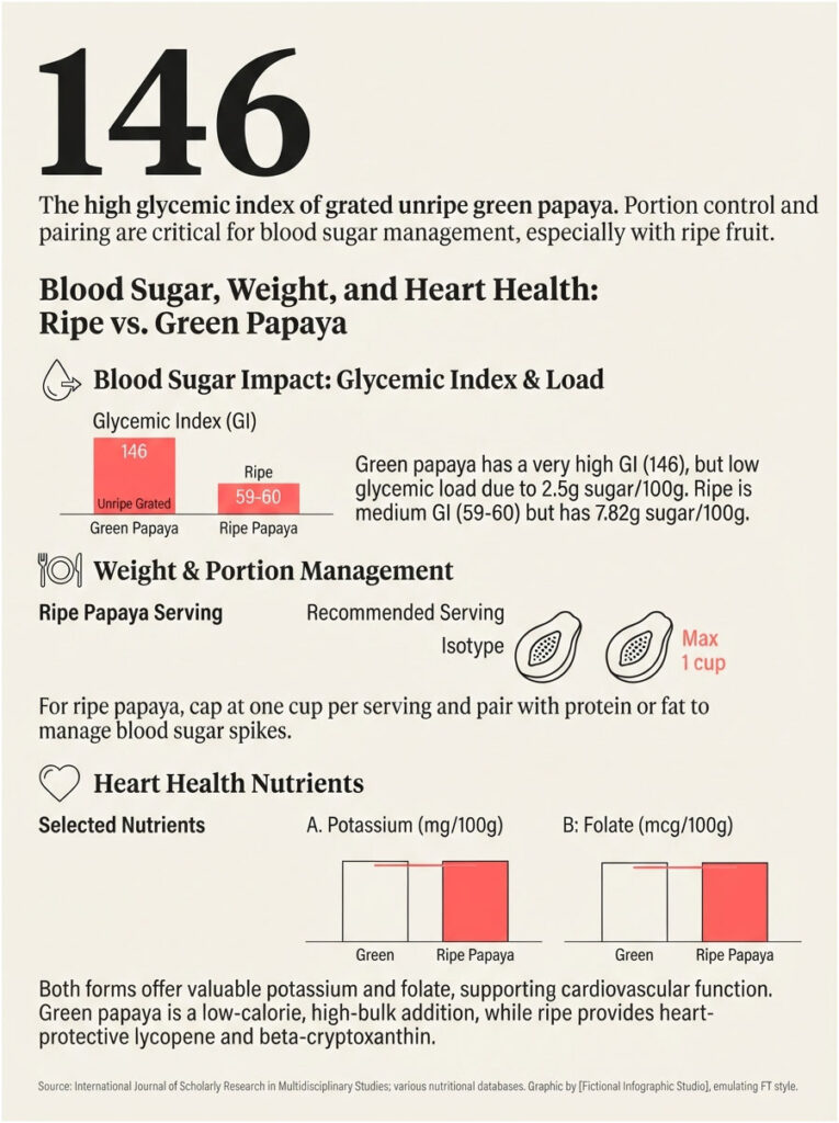 Infographic comparing glycemic index of unripe green papaya and ripe papaya, highlighting health impacts and nutrients.