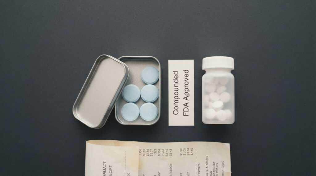 A silver tin with blue tablets, a white pill bottle, and a pharmacy receipt on a dark background.