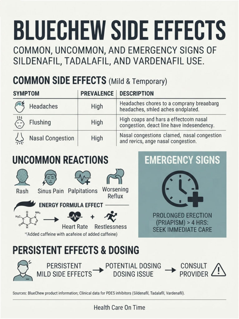 Infographic detailing BlueChew side effects, including common, uncommon, and emergency signs with icons and descriptions.