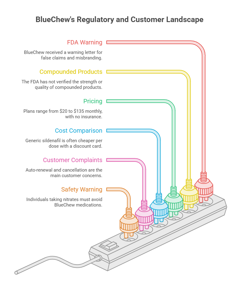 Infographic showing BlueChew's regulatory landscape with sections on FDA warning, pricing, and customer complaints.