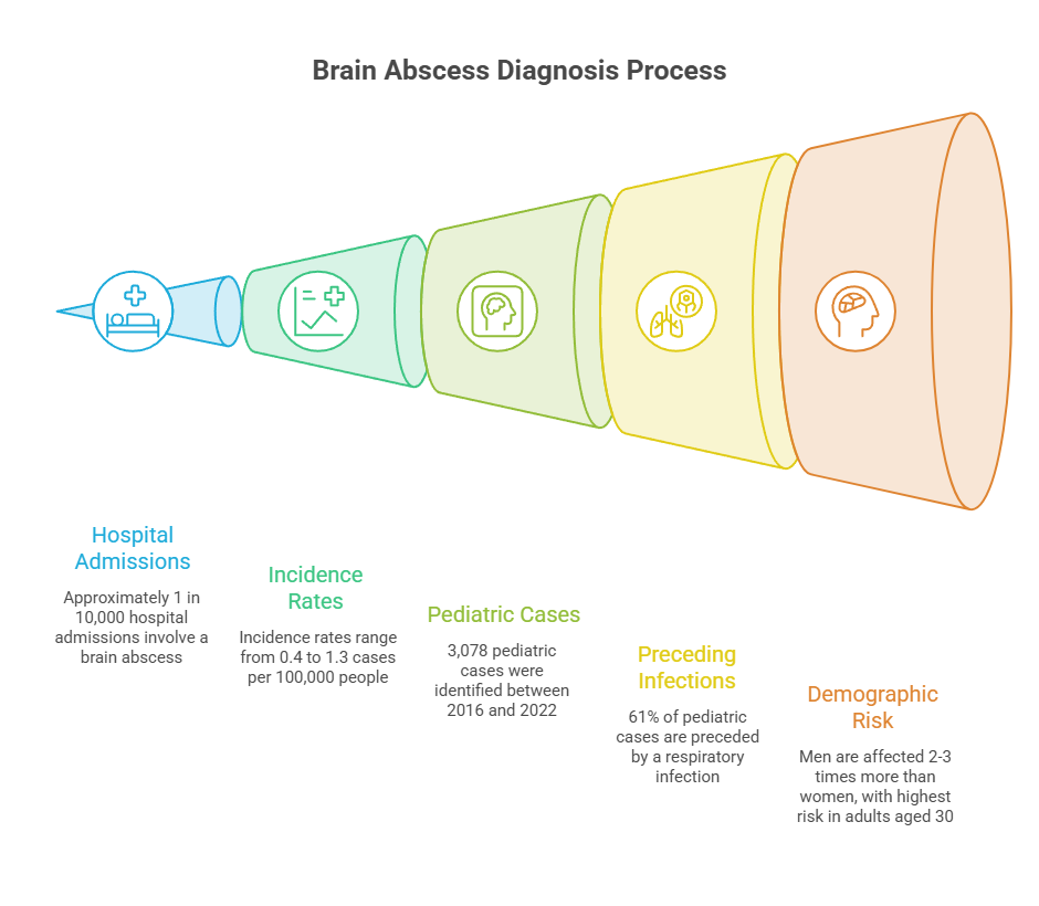 Infographic illustrating the brain abscess diagnosis process with statistics and icons for hospital admissions, incidence rates, and demographic risk.