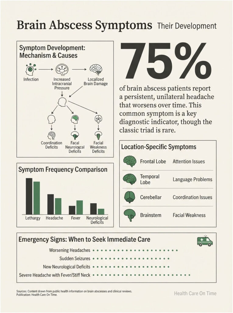 Infographic showing brain abscess symptoms, including charts on symptom frequency and emergency signs for care.