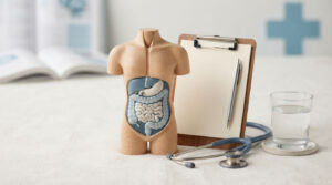 A wooden anatomical model of a torso with visible organs, a clipboard, stethoscope, and a glass of water on a table.