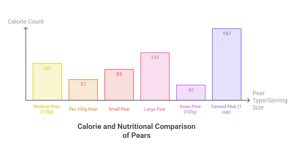Bar graph comparing calorie counts of different pear types including medium, small, large, Asian, and canned pears. Infographic.