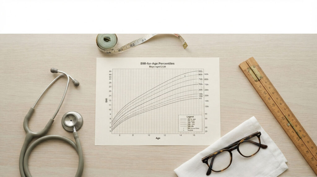 A stethoscope, ruler, measuring tape, and glasses beside a BMI-for-Age percentiles chart on a wooden table.
